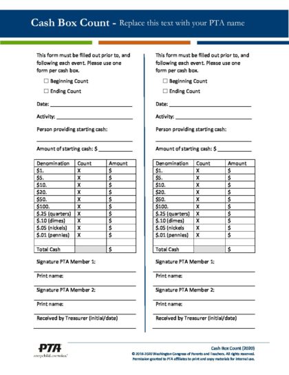 Cash Box Count Generic Fillable (Jan2020) - WSPTA