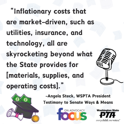 A graphic with images evoking school funding, with a quote from WSPTA President Angela Steck from her testimony in front of the Senate Ways and Means Committee, during which she expressed the State PTA's disappointment that inflationary costs are all skyrocketing beyond what the budget proposal would provide for education funding.